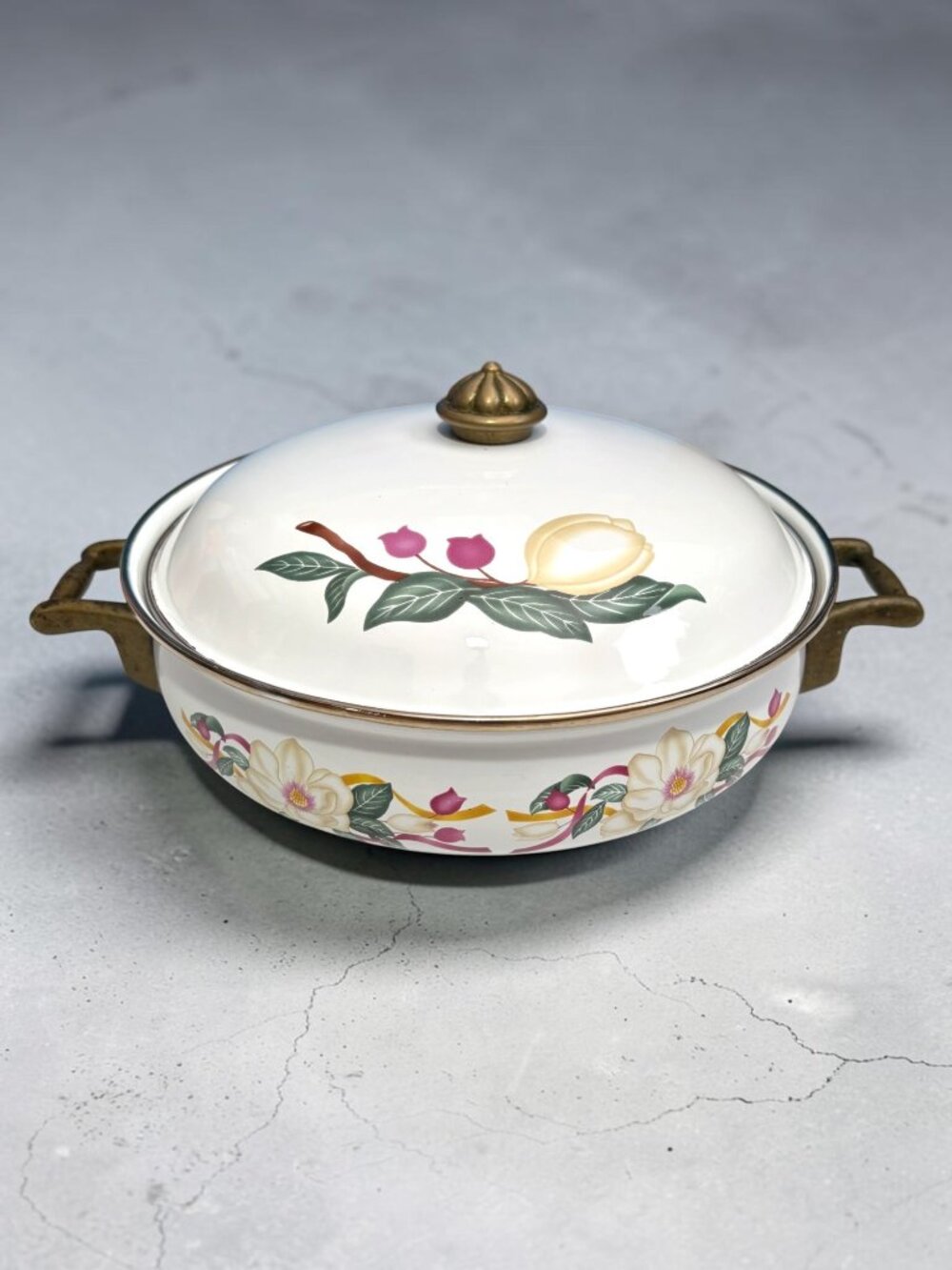 Vintage Floral Ceramic Casserole Dish With Lid & Brass Handles Hand-Painted Desi